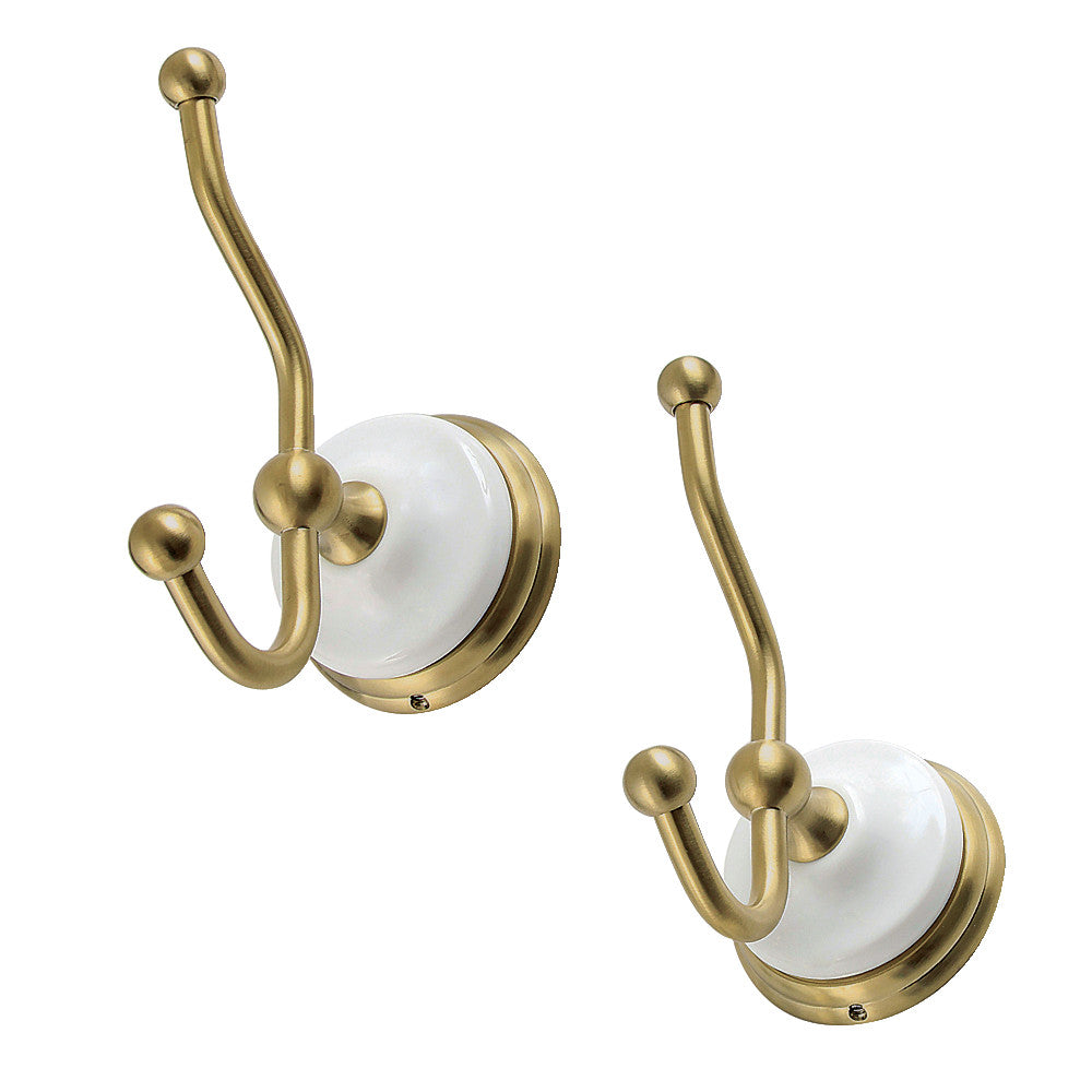 Victorian 2-piece robe hook set with brushed brass finish and circular backplates