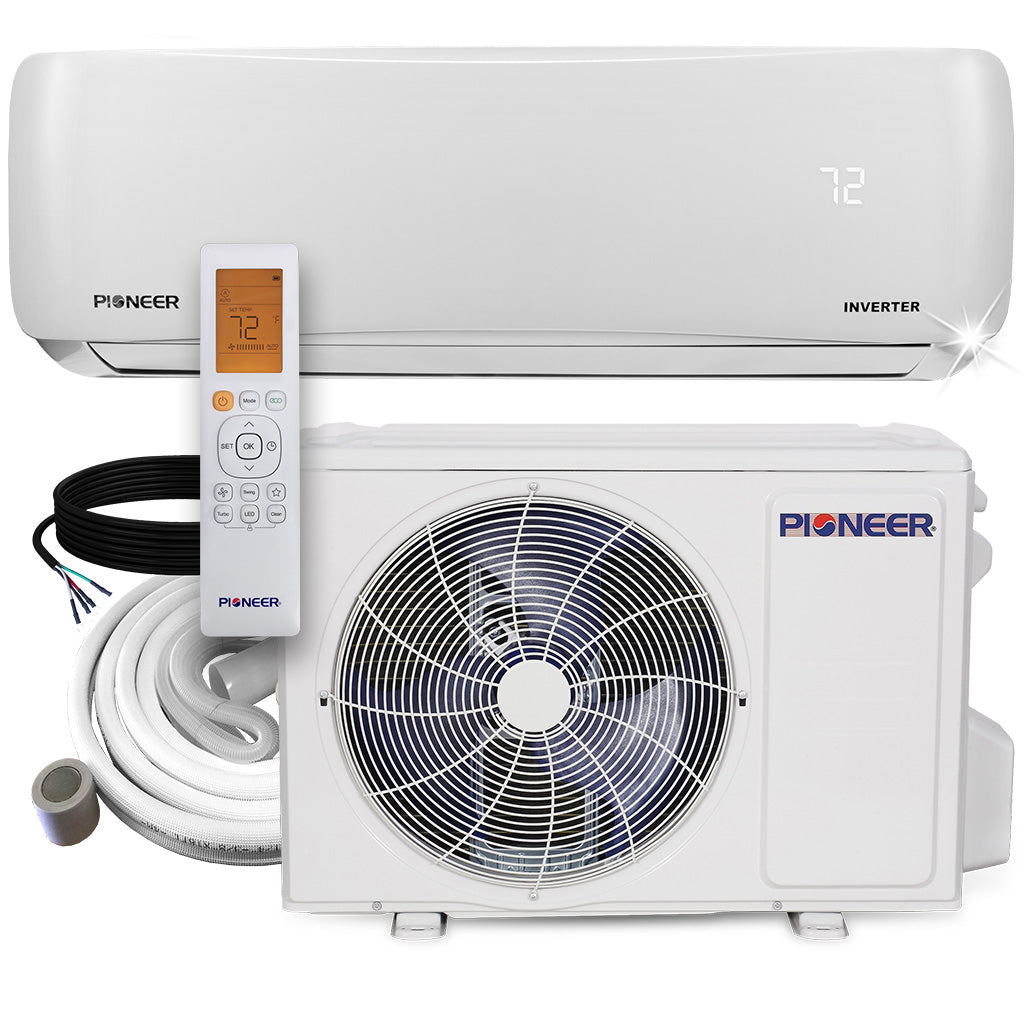 Pioneer ductless mini-split indoor unit with display, air vents, and wall-mounted remote
