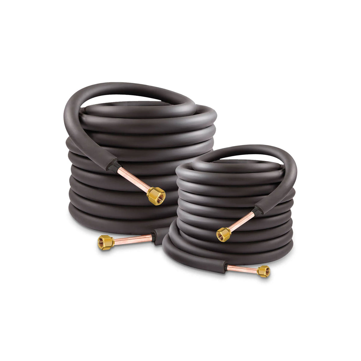 Insulated flexible line set with dark coiled tubing and brass end fittings