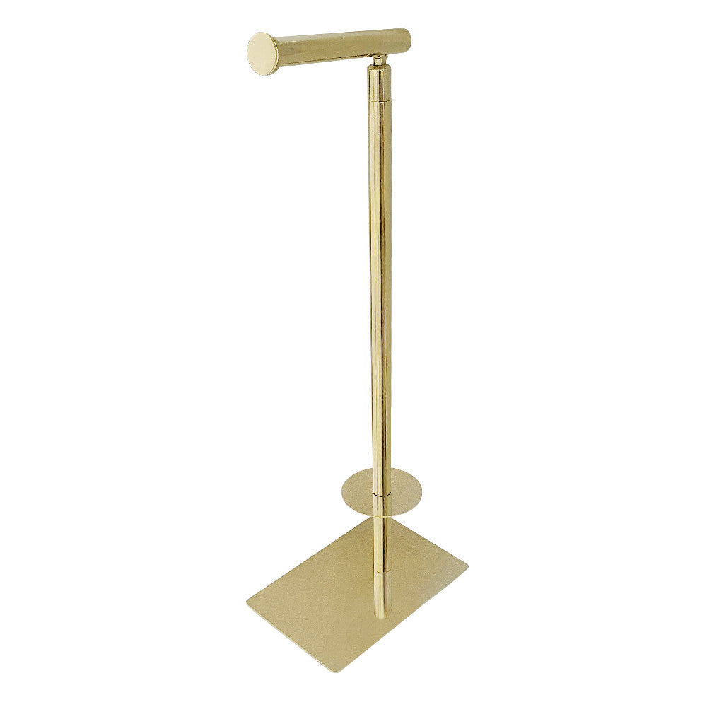 Freestanding polished brass toilet paper holder with round base and vertical arm for one roll