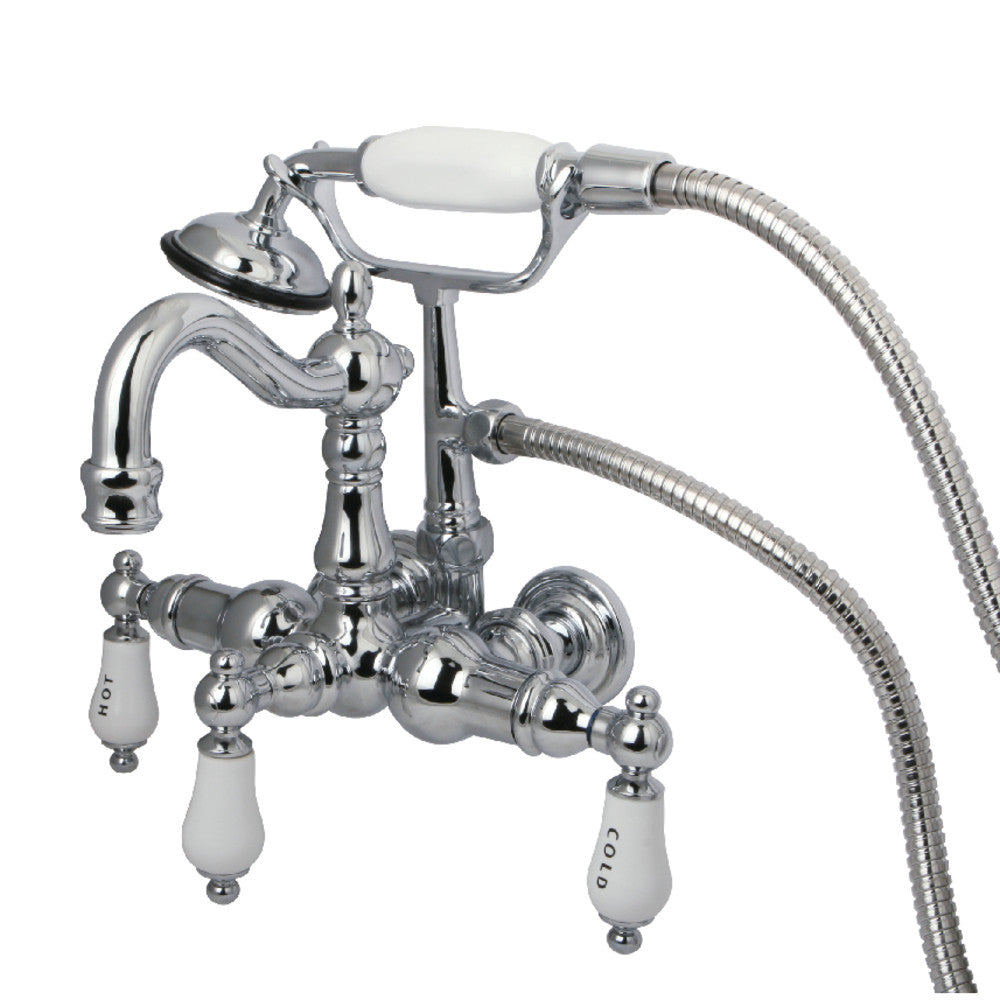 Polished chrome wall-mount tub faucet with handheld shower and twin cross handles