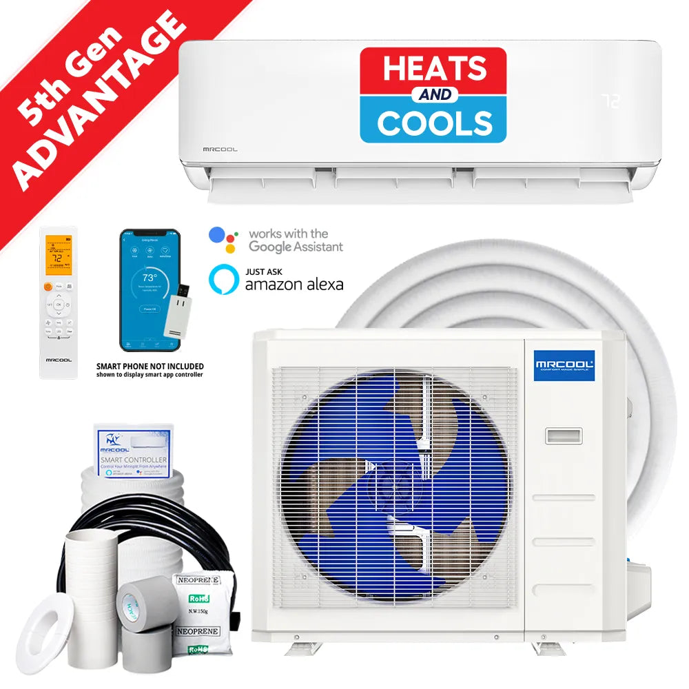 MRCOOL mini split system components: indoor unit, outdoor condenser, line set, remote