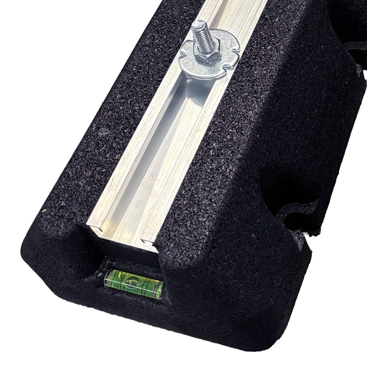 Black rubber condenser riser pad with silver mounting stud and metal channel