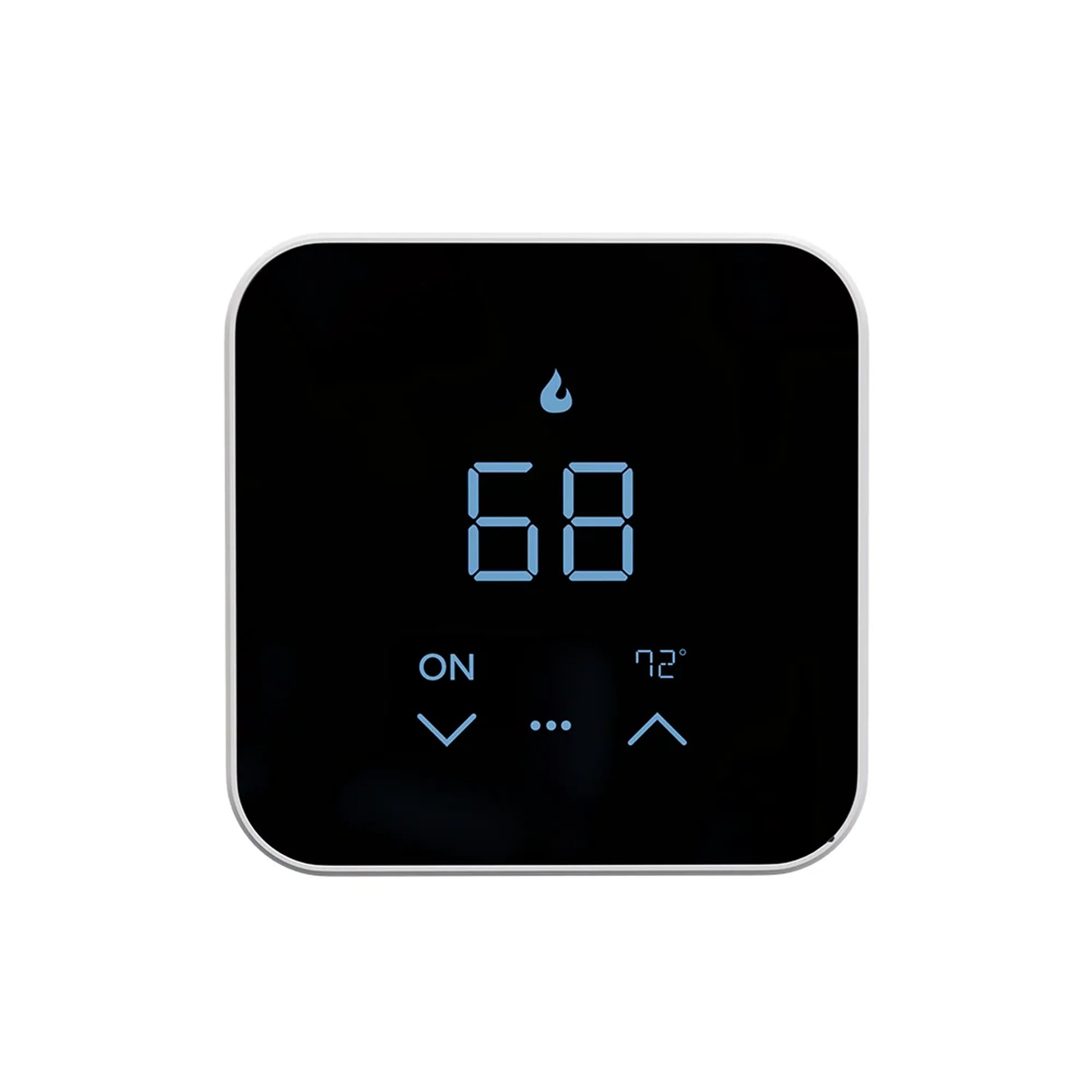 Smart thermostat with black screen displaying 68°F and ON status
