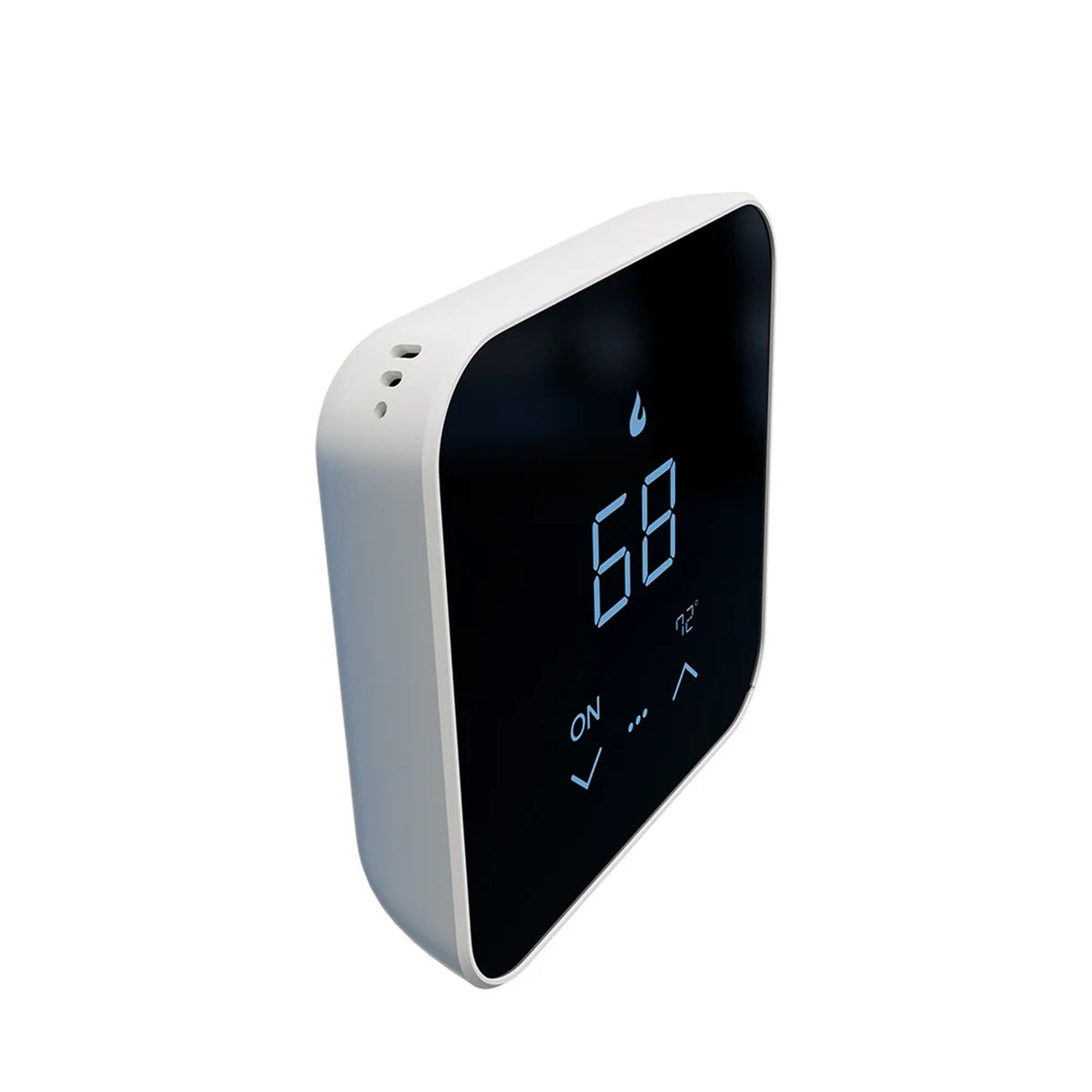 White smart thermostat side view with black display showing 68°F