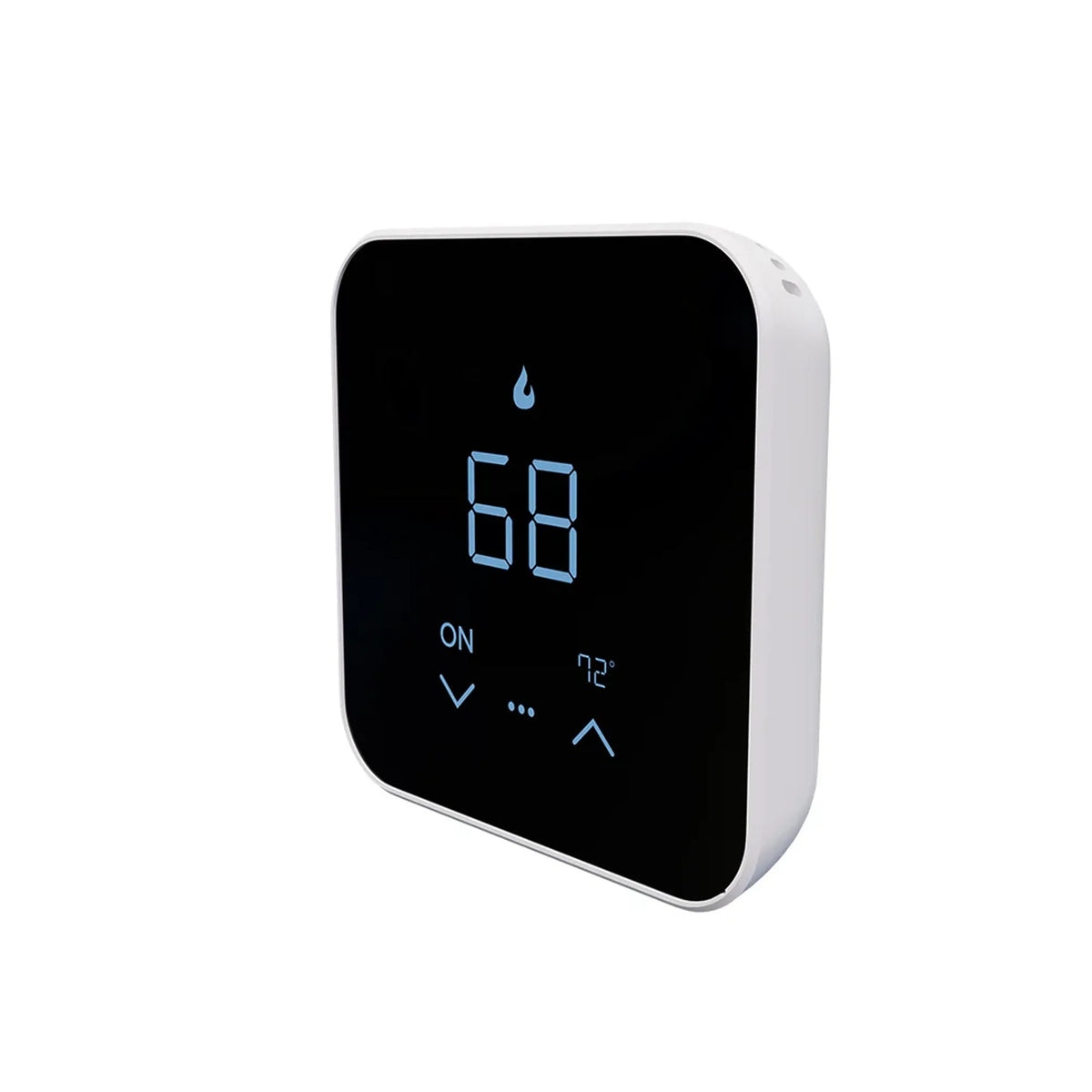 Smart thermostat face with black screen showing 68°F, flame and mode icons