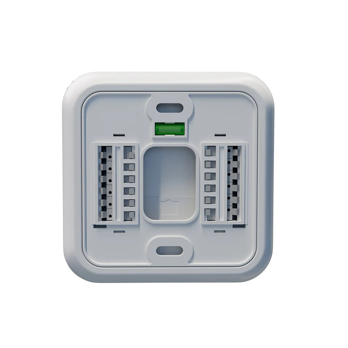 White thermostat control base with wiring terminals and small green status indicator