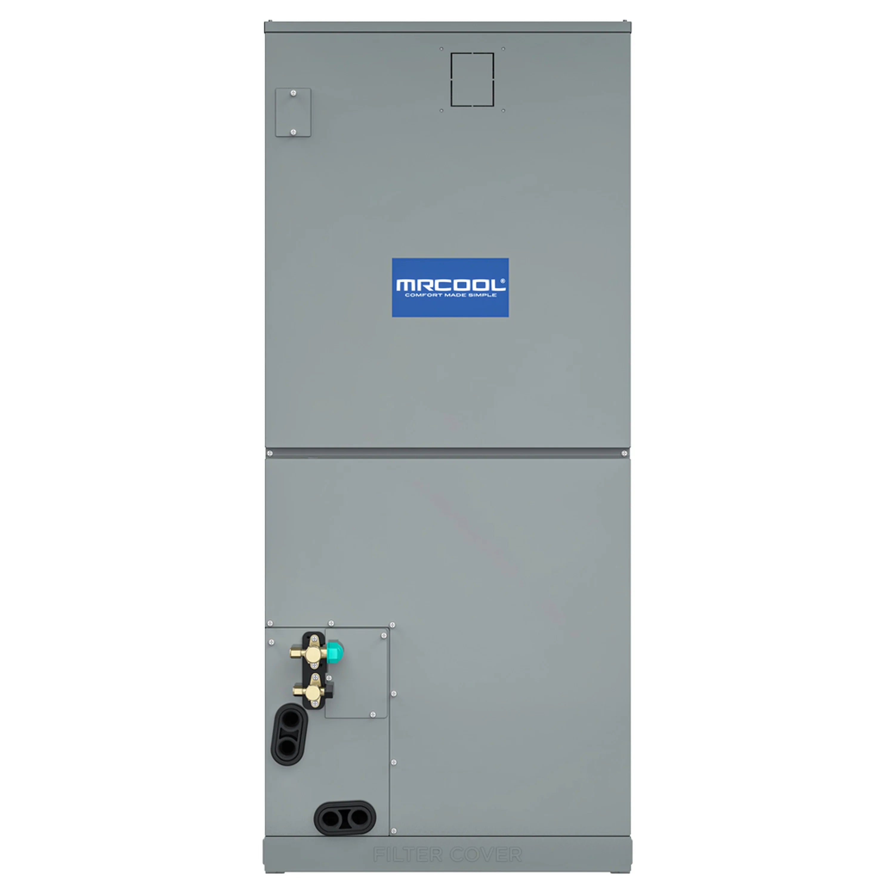 MRCOOL ducted air handler side panel with water/line ports and labeled service area