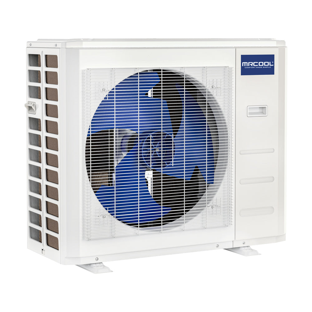 MRCOOL heat pump outdoor condenser unit, angled view, front grille and logo panel