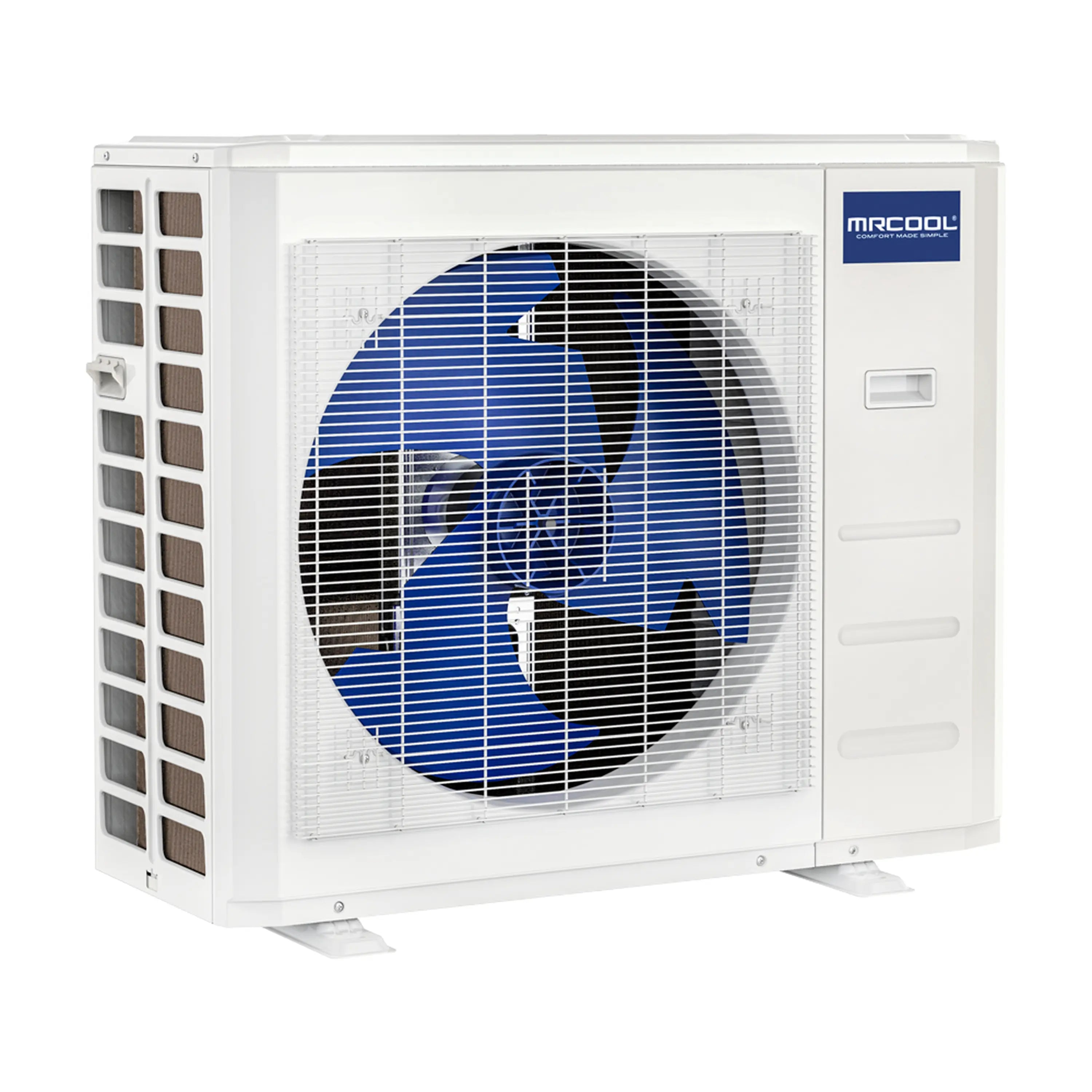 White MRCOOL heat pump condenser angled view with blue globe fan grille