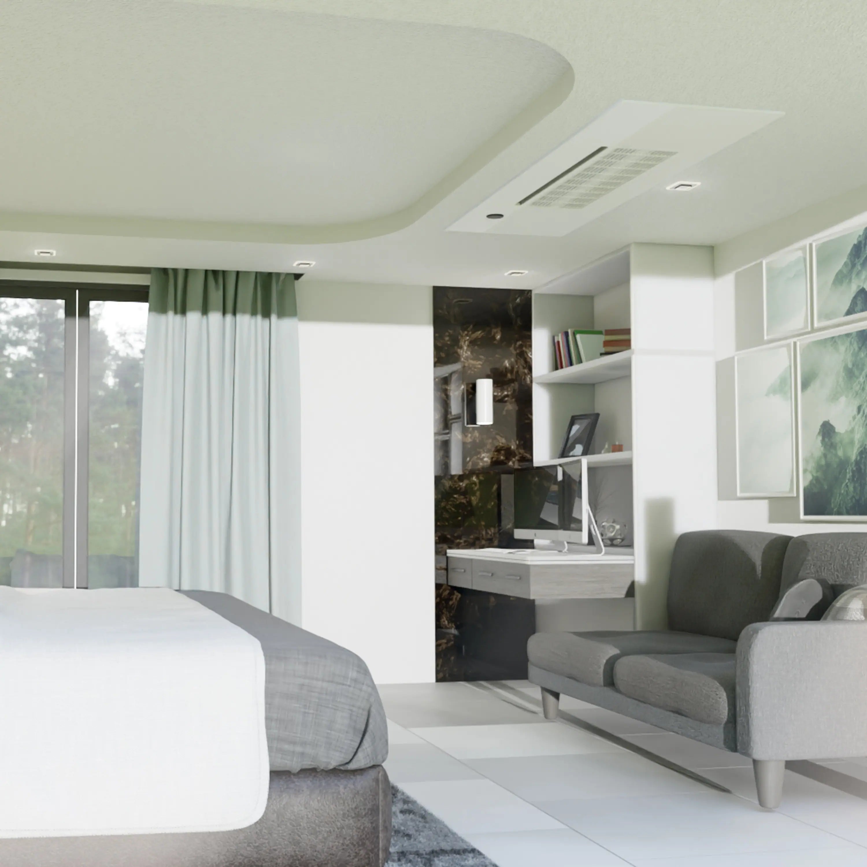 Ceiling cassette air handler in a modern living room ceiling