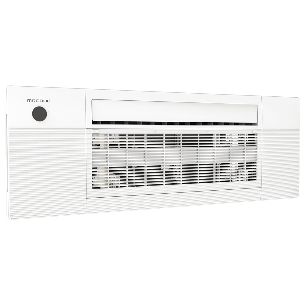 White ceiling cassette mini split indoor unit with vent panel and black control circle