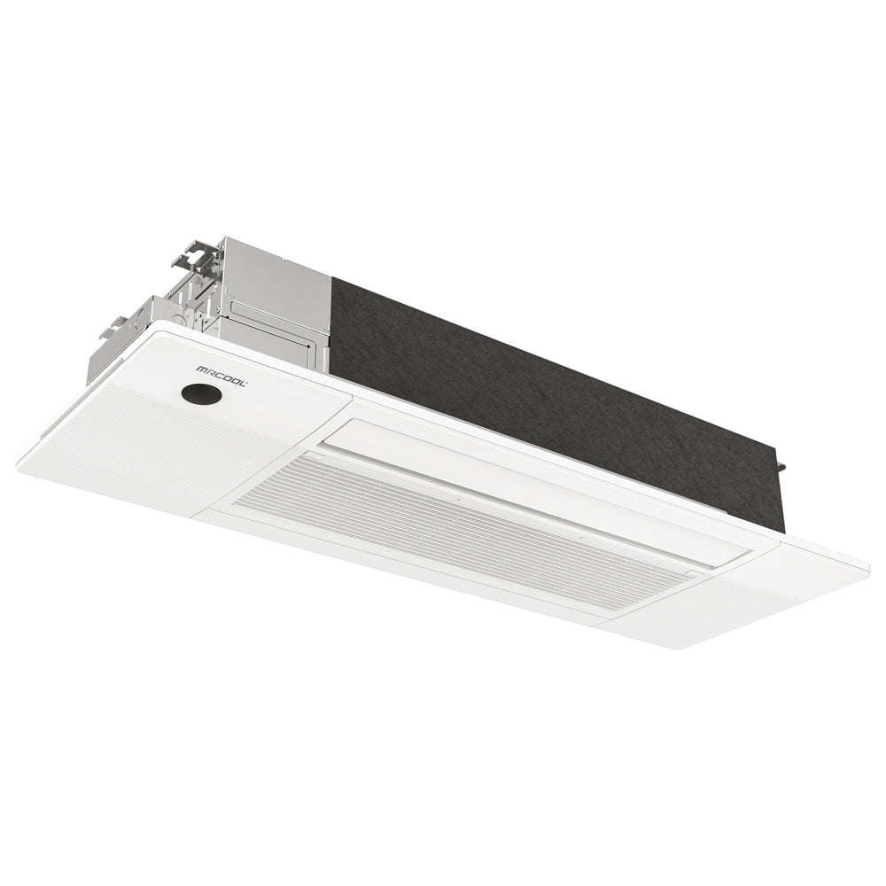 White ceiling cassette air conditioner unit with cover removed, showing gray internal area