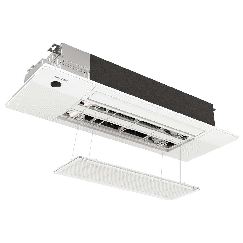 White ceiling cassette indoor unit with exposed internal parts and airflow louvers
