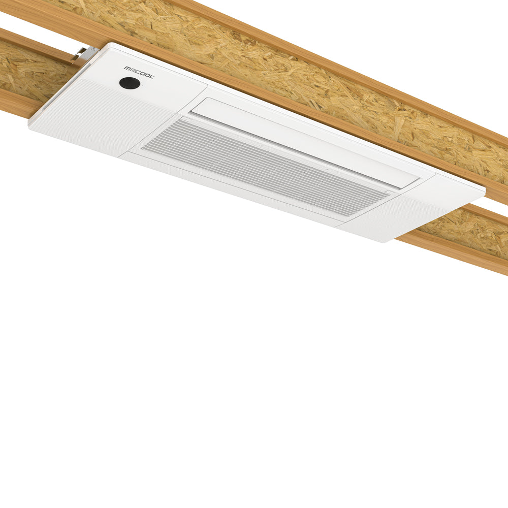 MRCOOL ceiling cassette indoor unit installed under wood beam, white