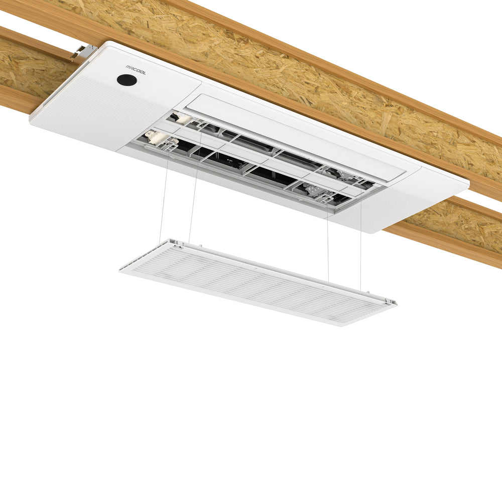 White ceiling cassette indoor unit with exposed internal airflow components