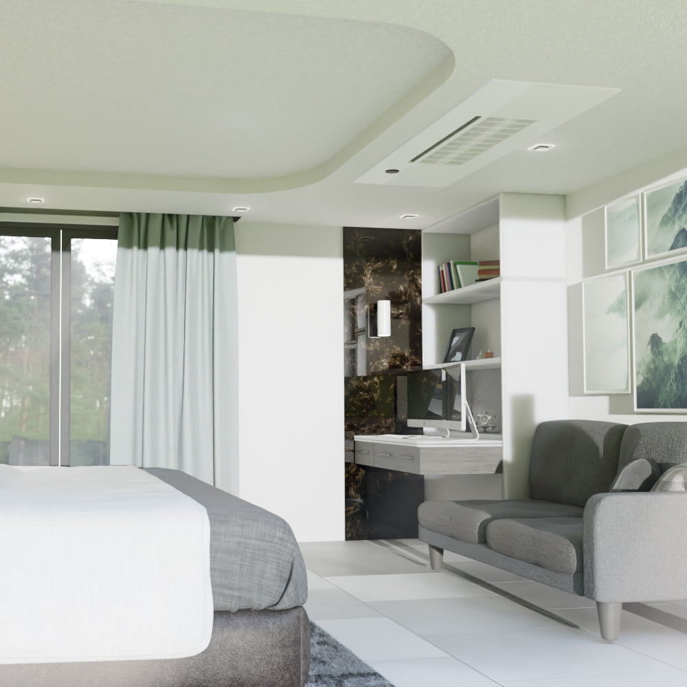 White ceiling cassette indoor air conditioner unit mounted on a room ceiling