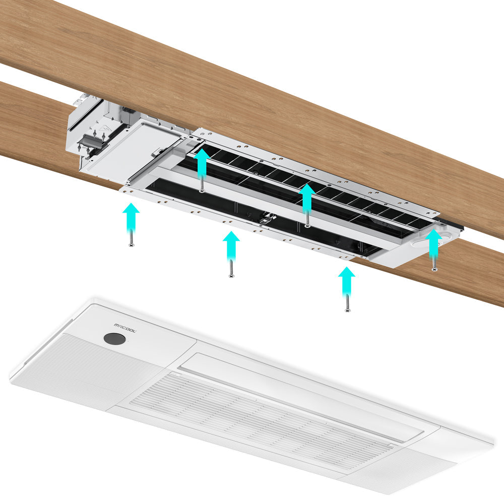 Ceiling cassette mini-split indoor unit with exposed airflow channels and connection ports