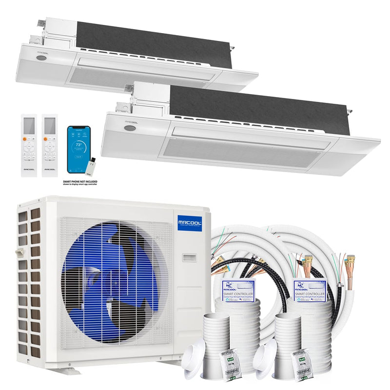 MRCOOL DIY 4th Gen Mini Split - 2-Zone 27,000 BTU Ductless Cassette Air Conditioner and Heat Pump with 12K + 18K Cassette Air Handlers, 25 ft. Line Sets, and Install Kit