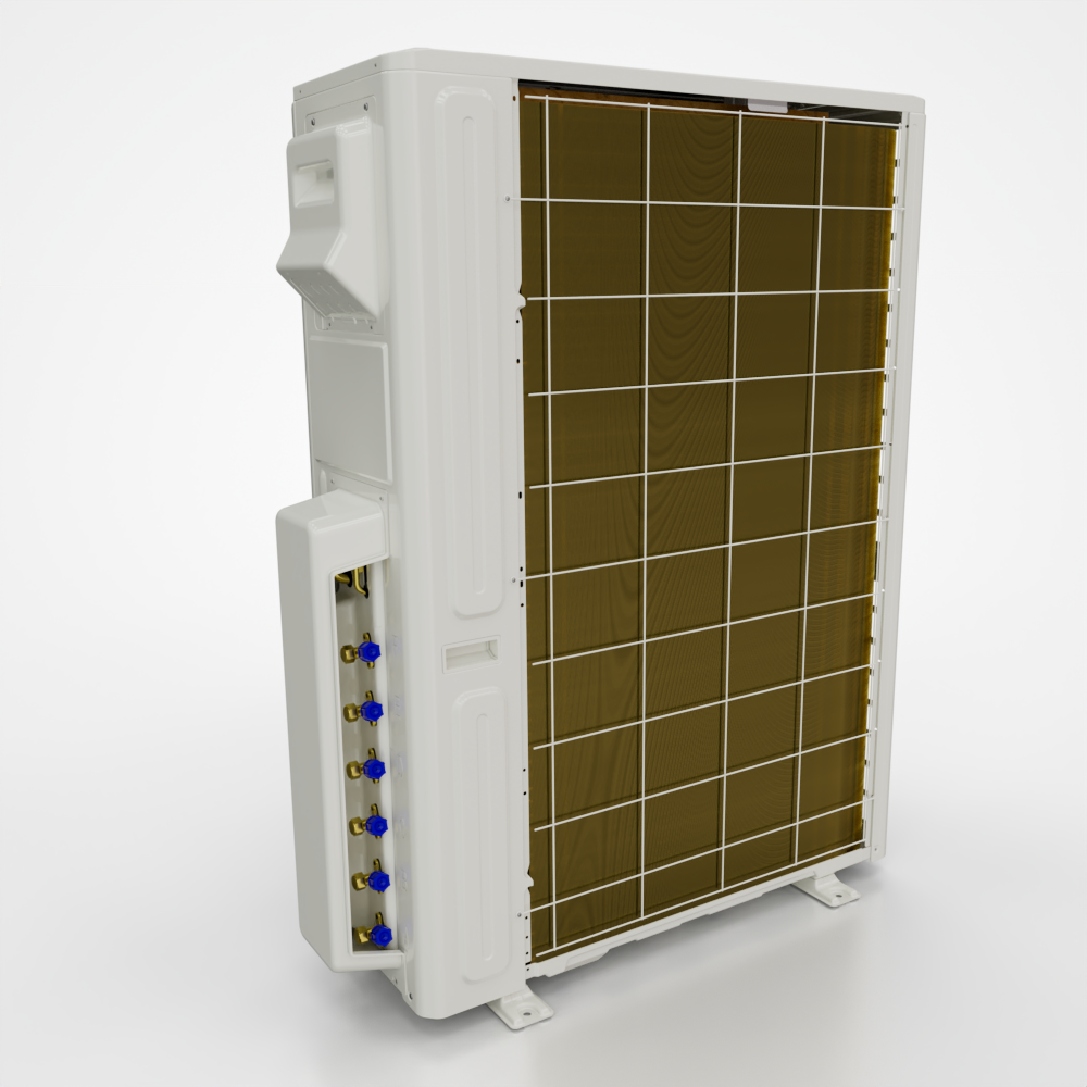 Ductless mini split outdoor unit side view with exposed brown coil panels and white casing