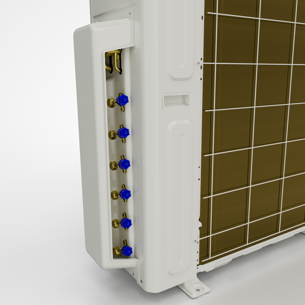 Outdoor unit side panel with blue shutoff valves and copper connection ports