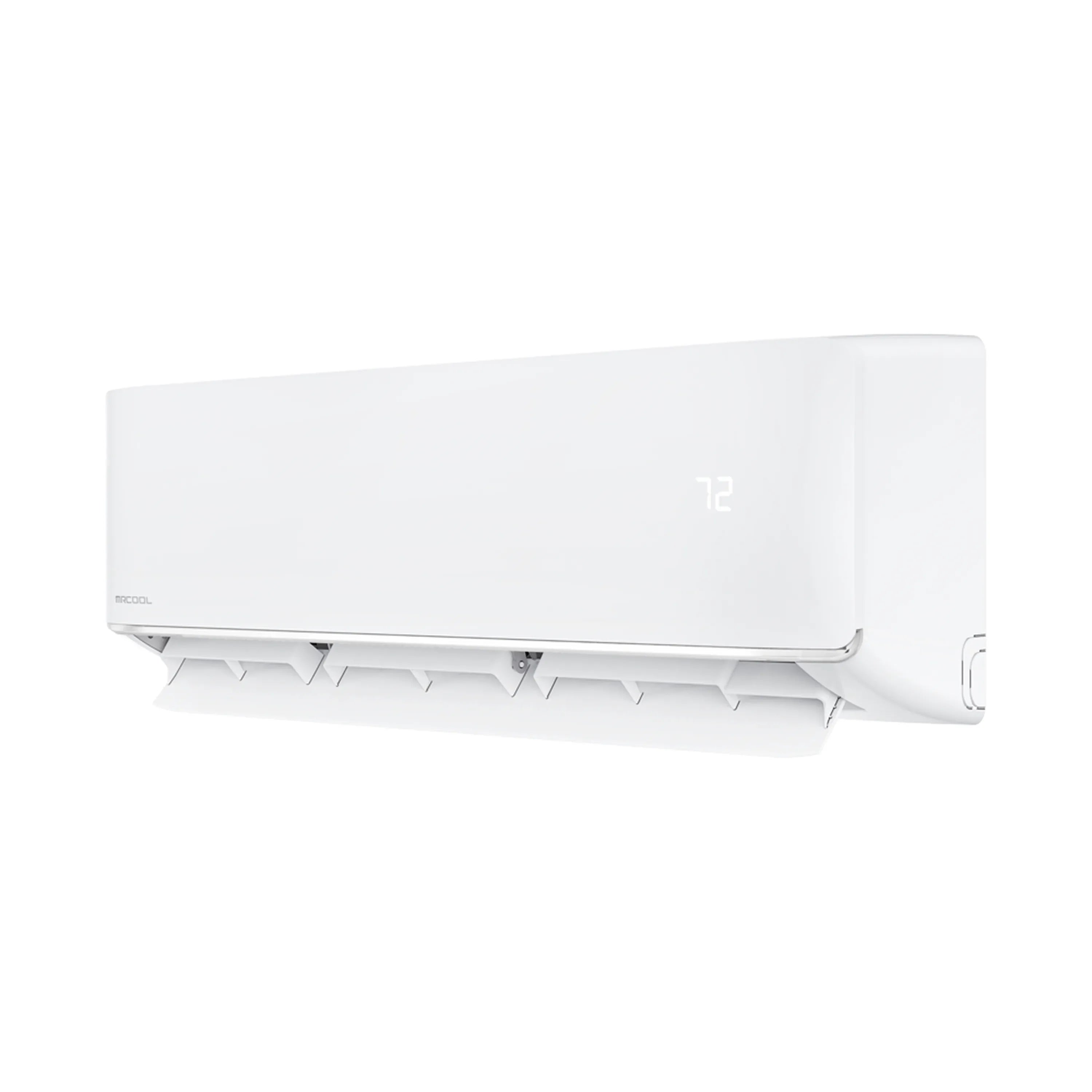 White wall-mount ductless mini split indoor unit with vent louvers and control cover