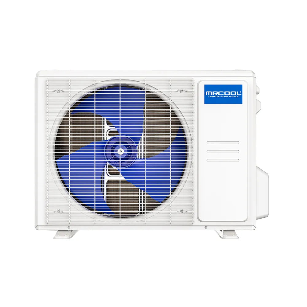 MRCOOL Olympus mini-split heat pump condenser side view, white cabinet