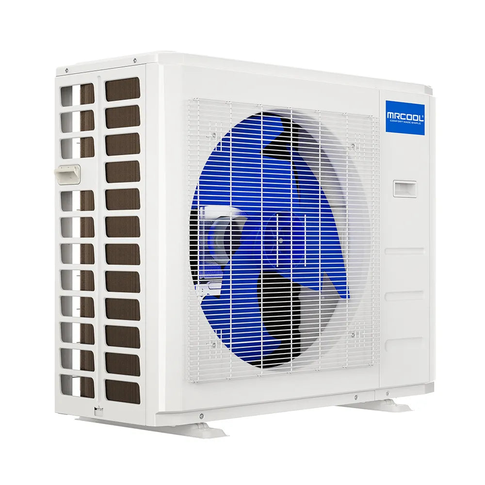 MRCOOL Olympus mini-split heat pump condenser, white side louvers and front fan grille