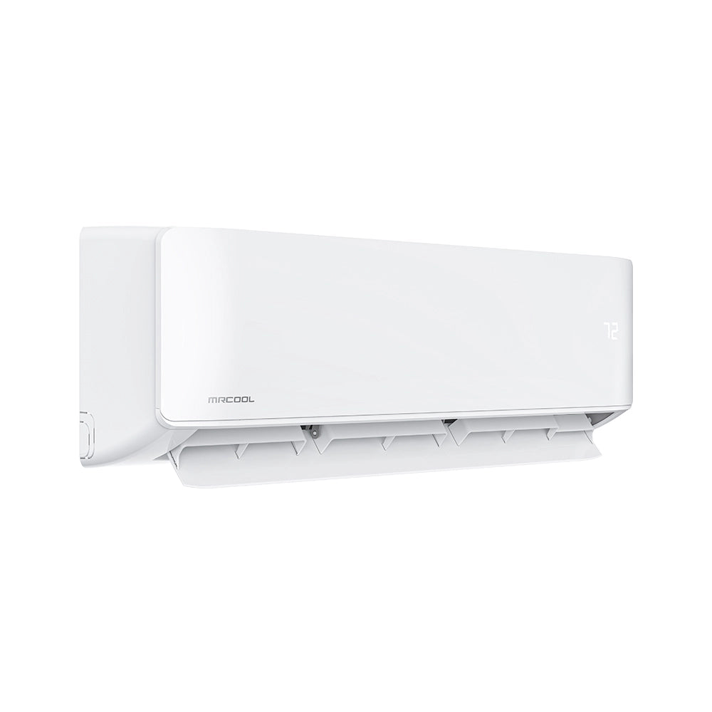 MRCOOL wall-mounted ductless air handler, white side profile with louvers and 12 display