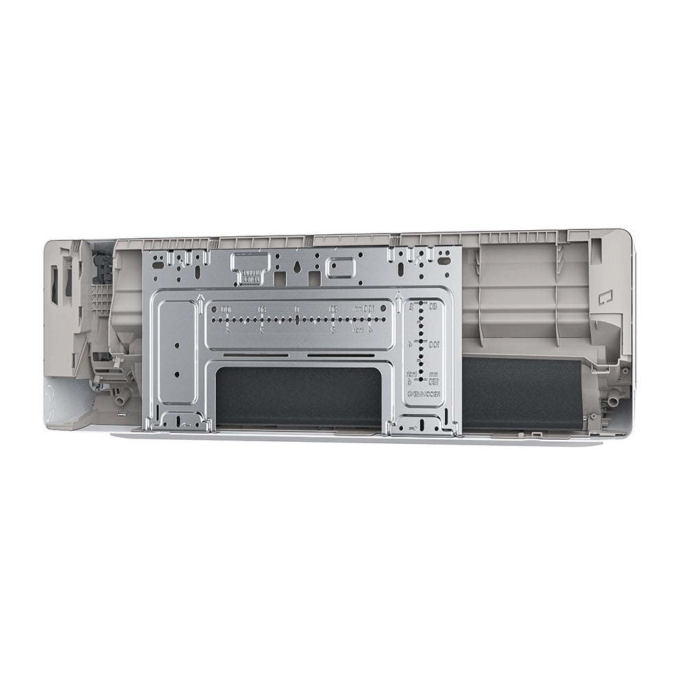 MRCOOL ductless mini split air handler with front cover removed, showing internal components
