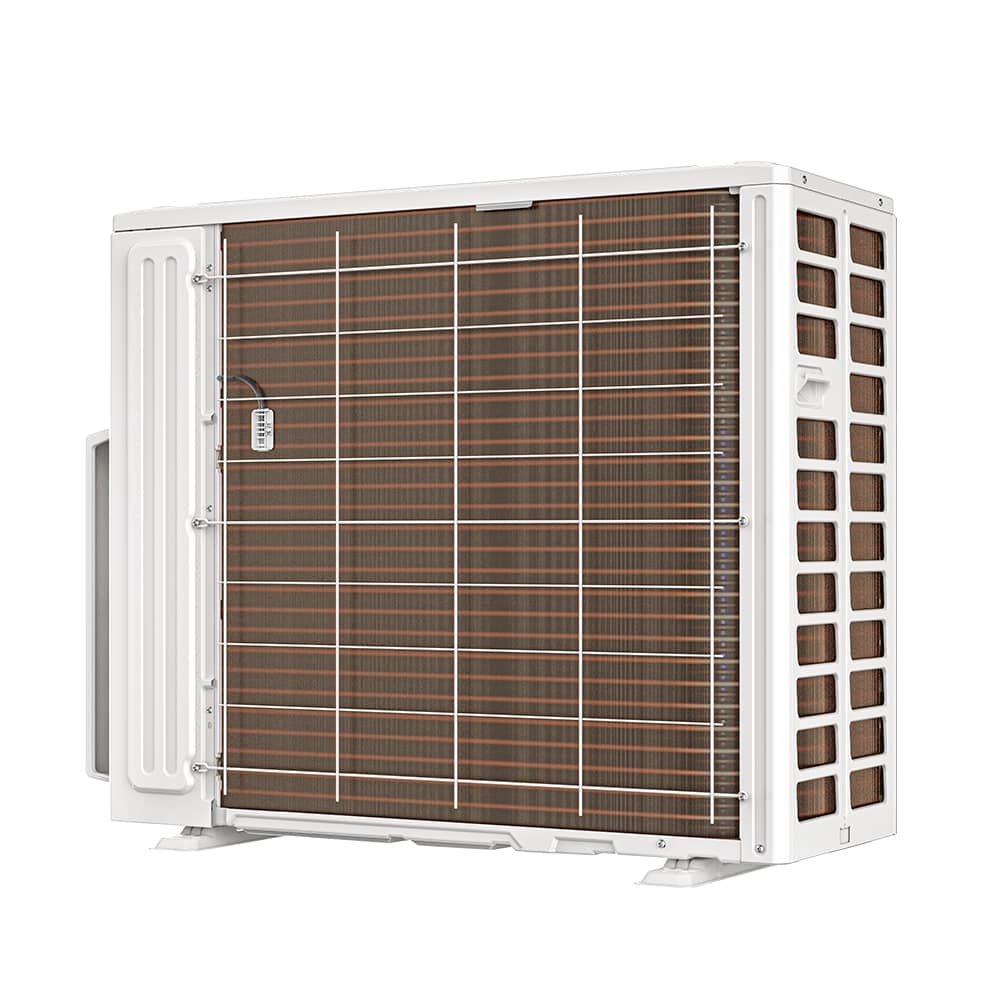 White ductless heat pump condenser with exposed coil and grille, MRCOOL branding