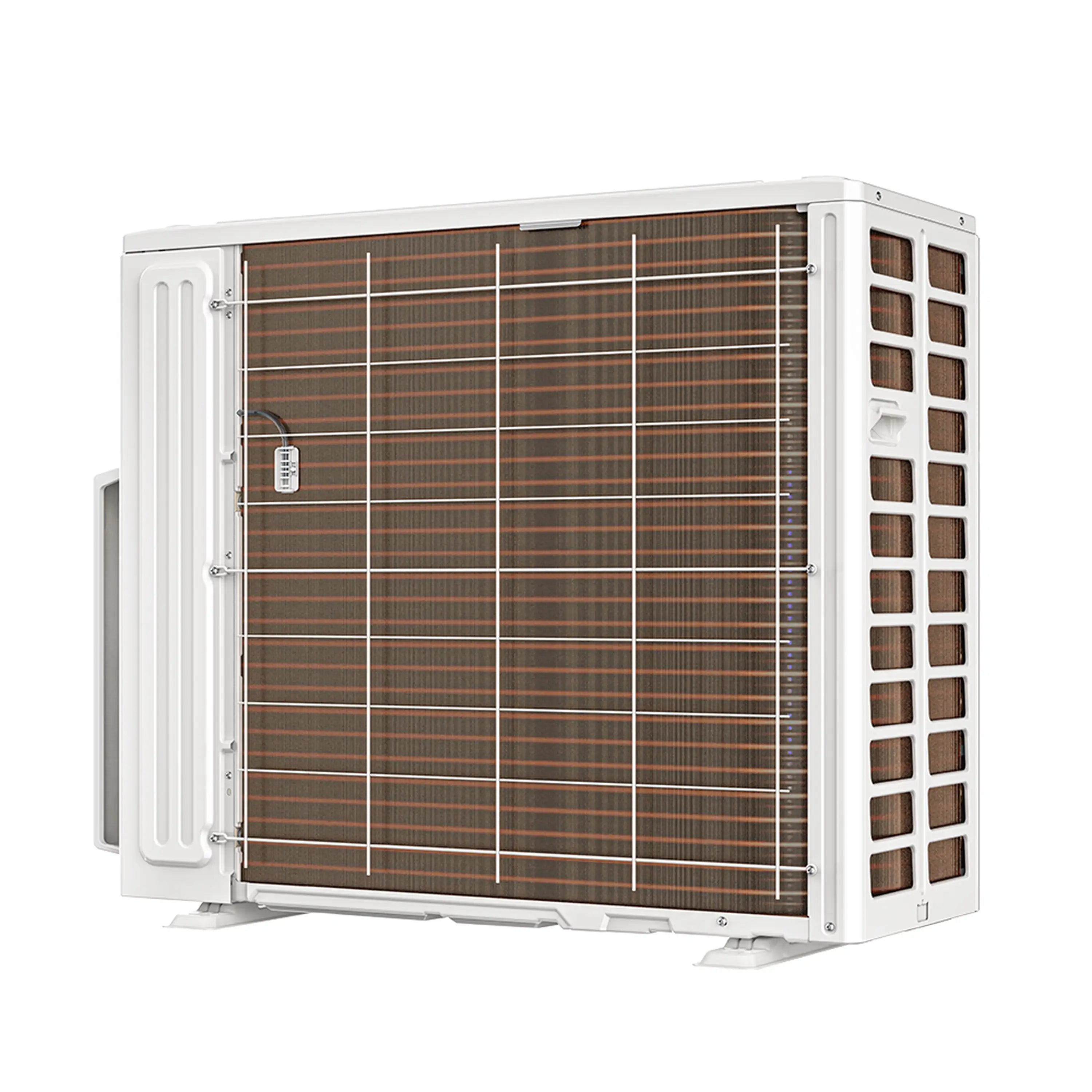 White outdoor mini split unit with exposed copper coil heat exchanger
