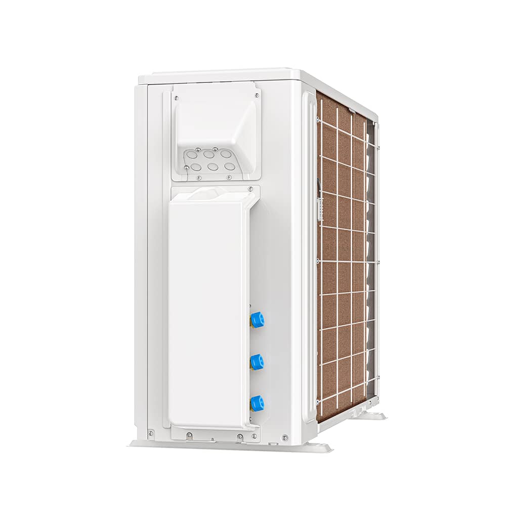 White ductless heat pump condenser with open service panel and control cover