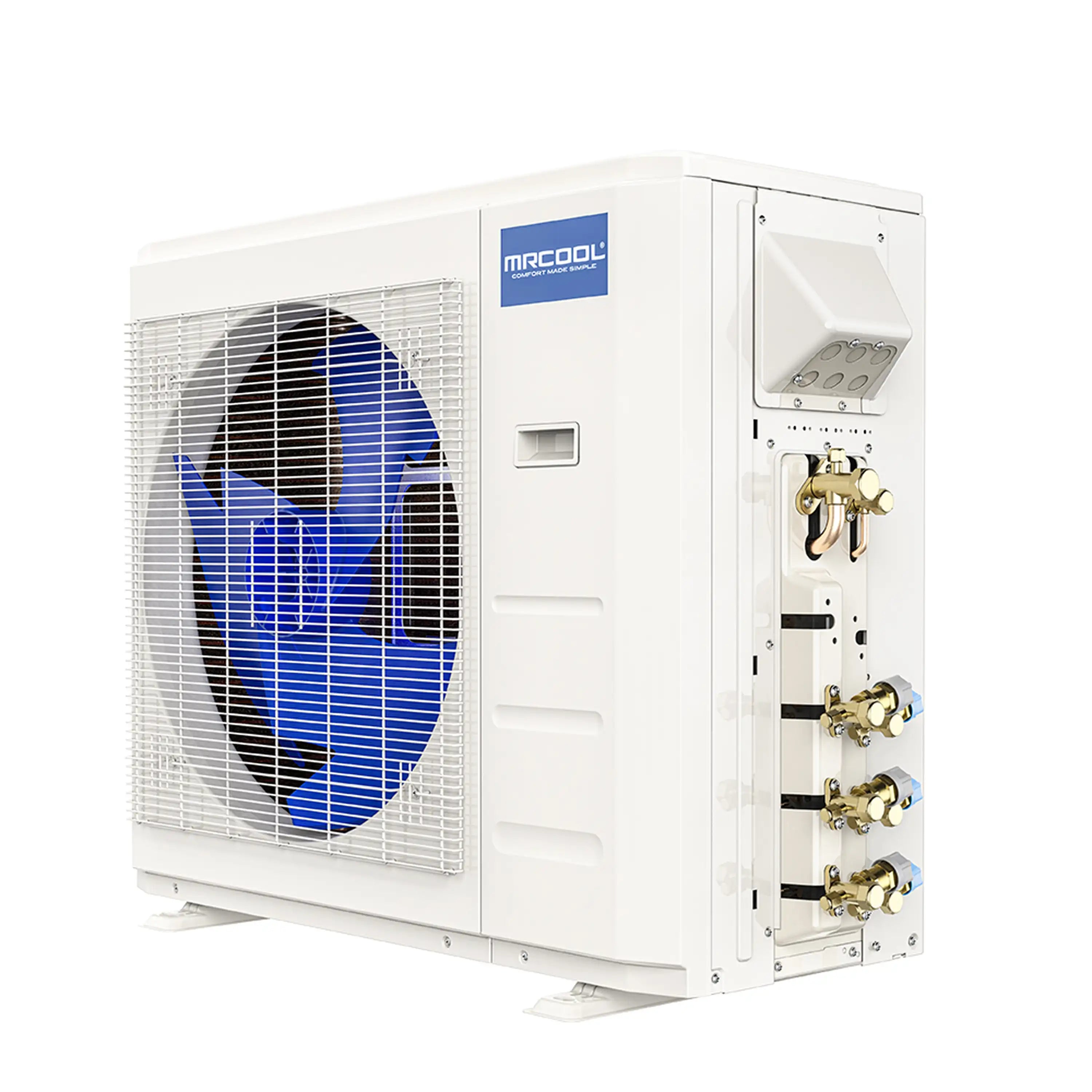 MRCOOL mini split outdoor unit with rear access panel and connected valve fittings