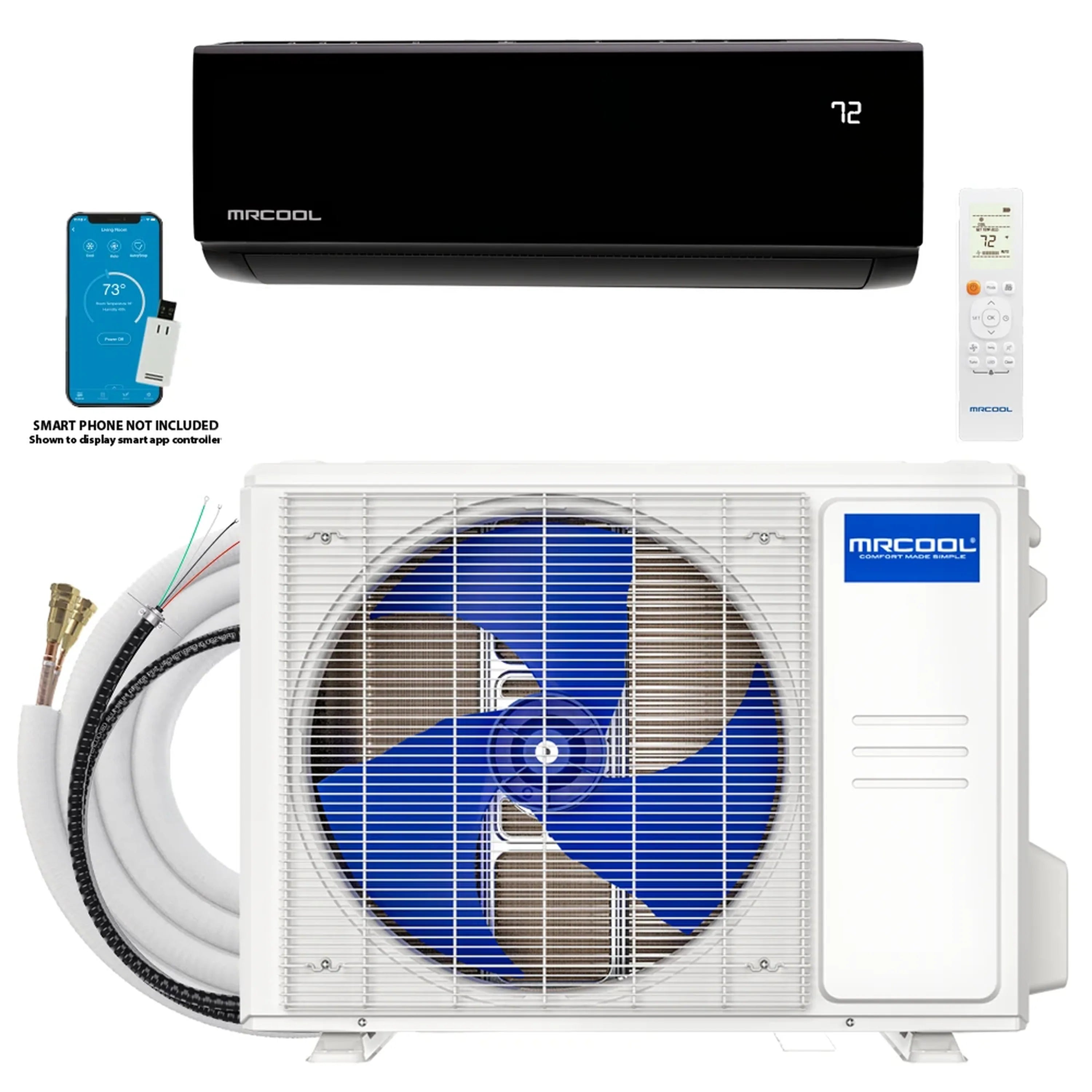 Ductless mini split system with indoor unit, outdoor unit, and wireless remote