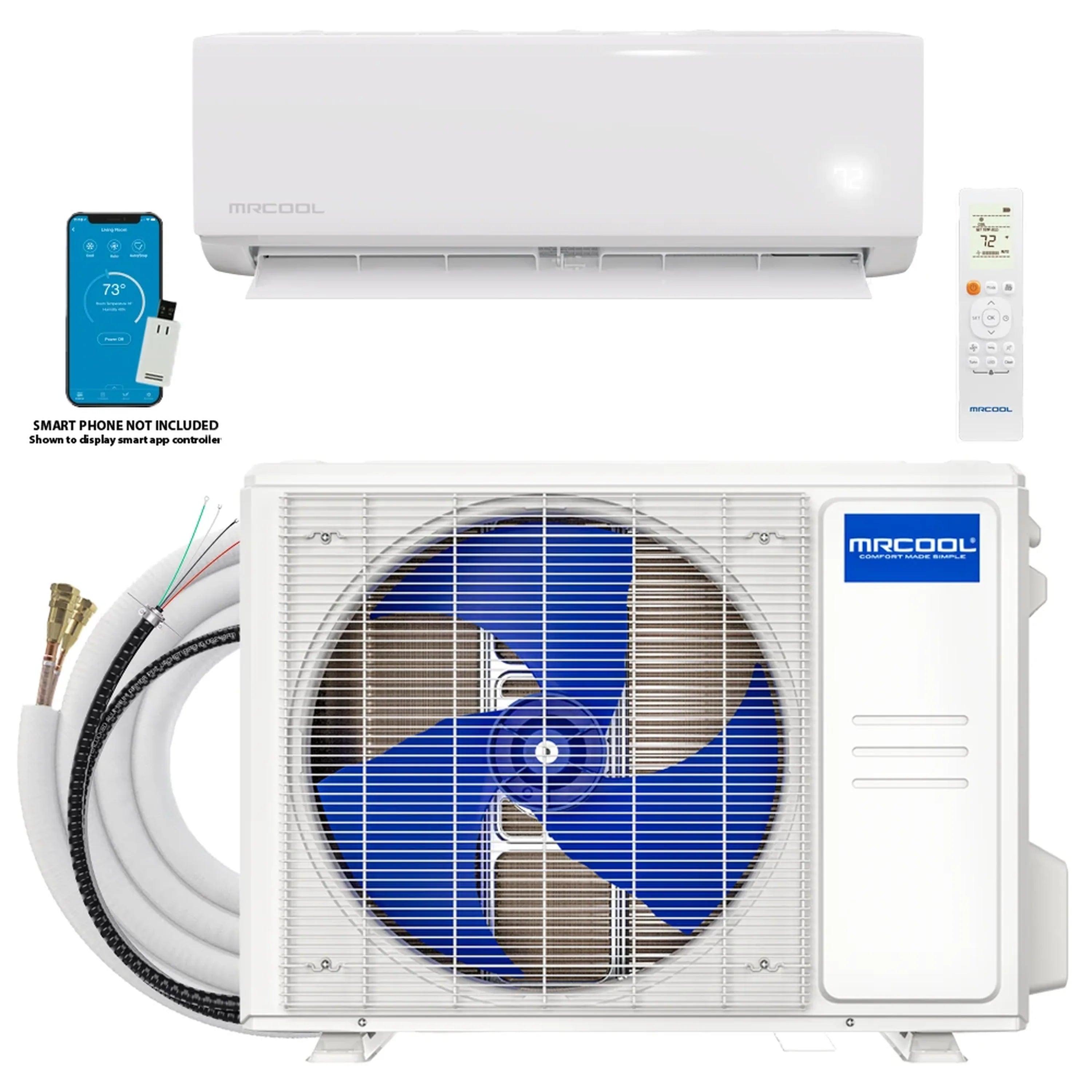 Ductless mini split outdoor unit with fan, airflow graphic, and control icons