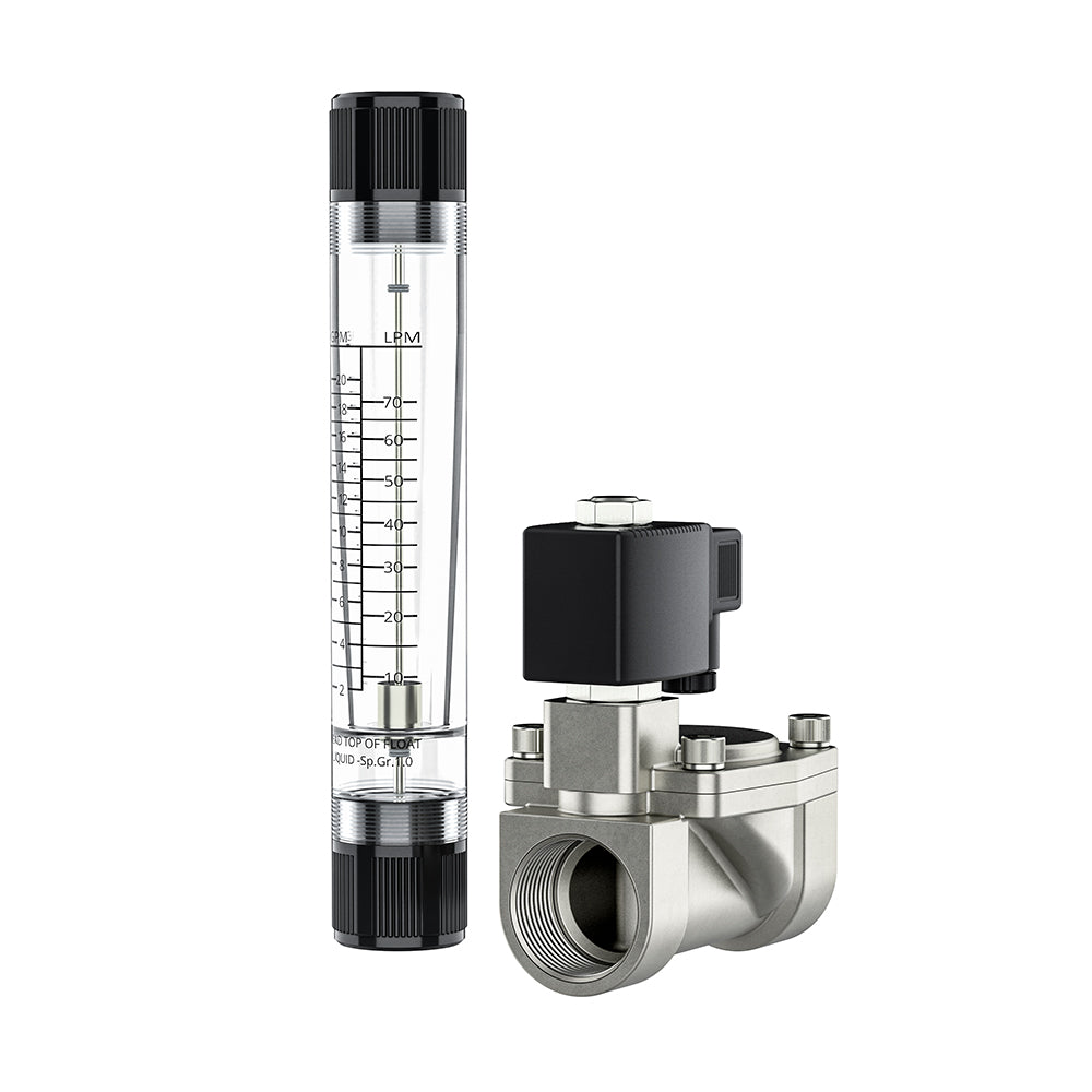 Open-loop installation kit flow meter with vertical gauge tube and connected valve body