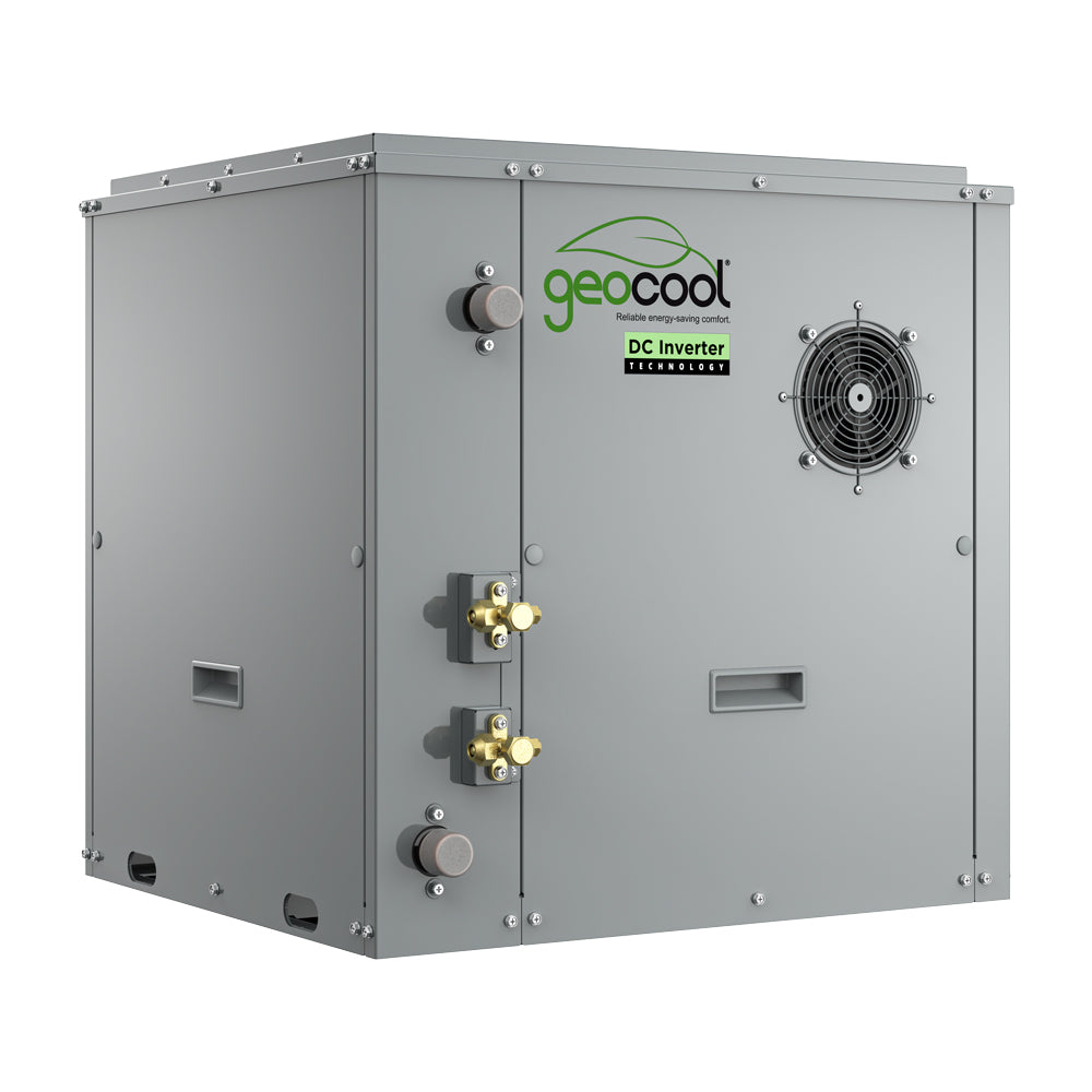 MRCOOL GeoCool DC inverter HVAC compressor unit, gray metal housing with fan grille
