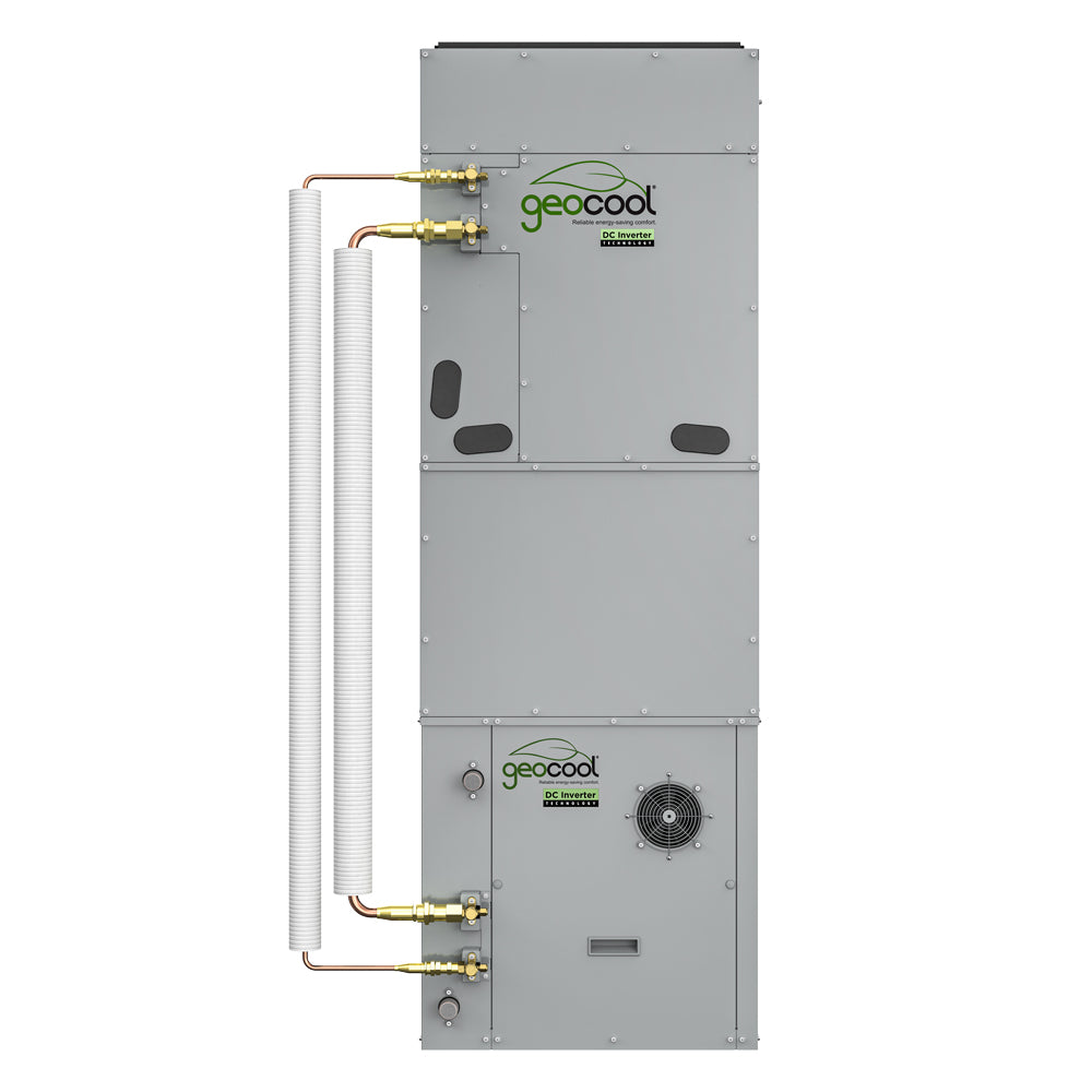 Grey HVAC line set cabinet with top refrigerant lines and round fan