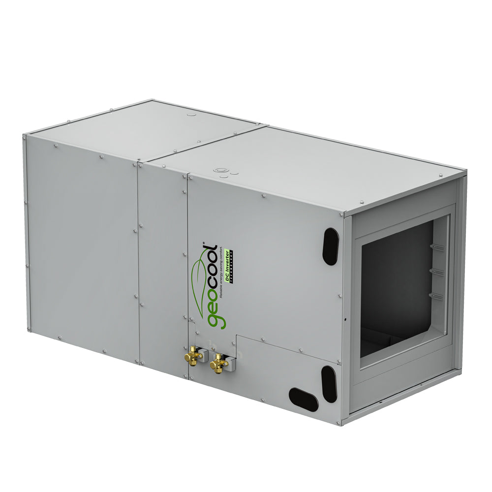 Grey vertical upflow HVAC line set unit with copper fittings and service ports