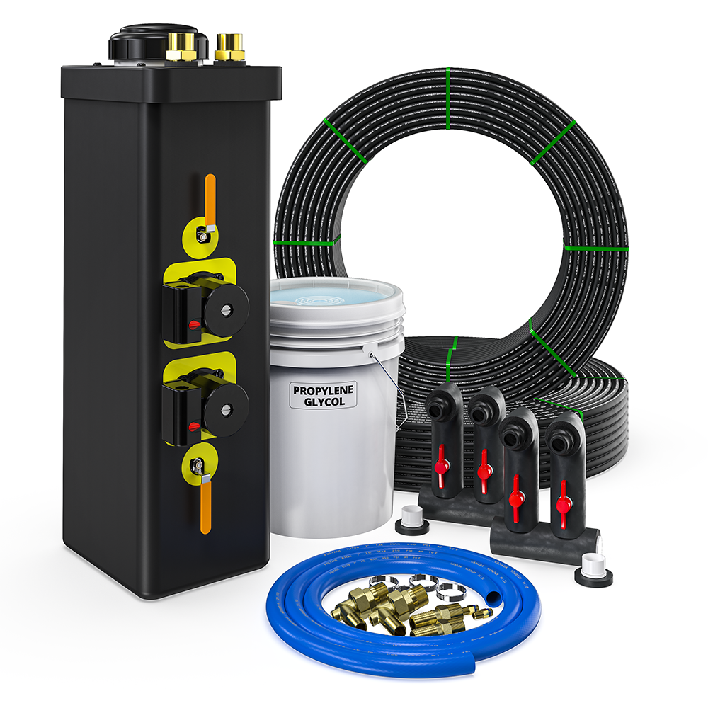 Closed-loop HVAC installation kit: black manifold, coiled tubing, brass fittings, glycol pot