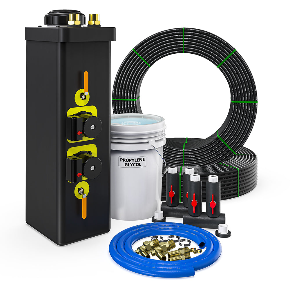 Closed-loop installation kit with black manifold, coiled tubing, blue hose ring, brass fittings