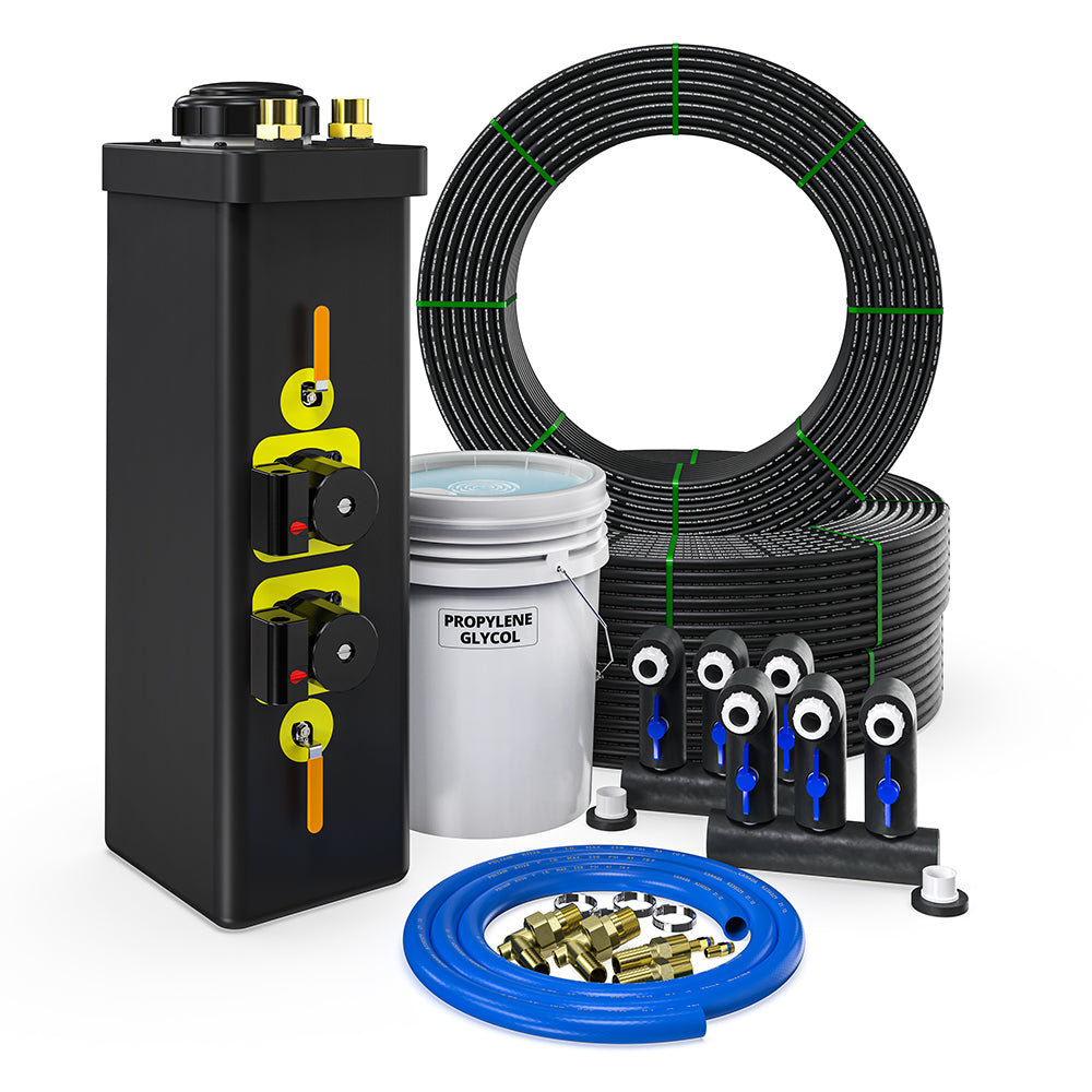 Closed-loop installation kit with black manifold, coiled tubing, brass fittings, propylene glycol