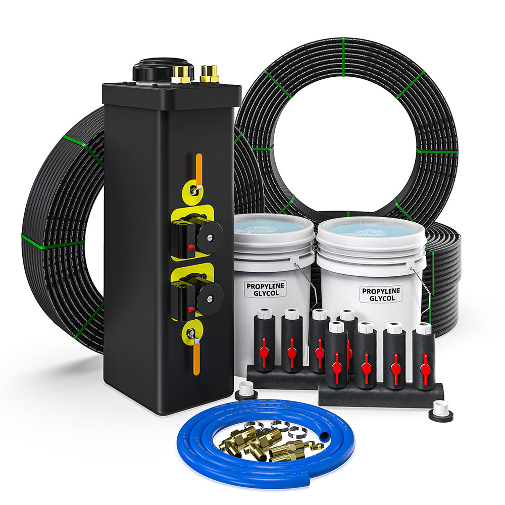 Closed loop installation kit with black manifold, tubing coil, fittings, and color-coded gauges