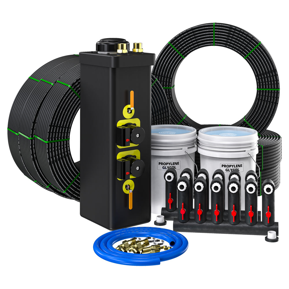 Closed loop installation kit with black manifold, coiled hoses, fittings and caps