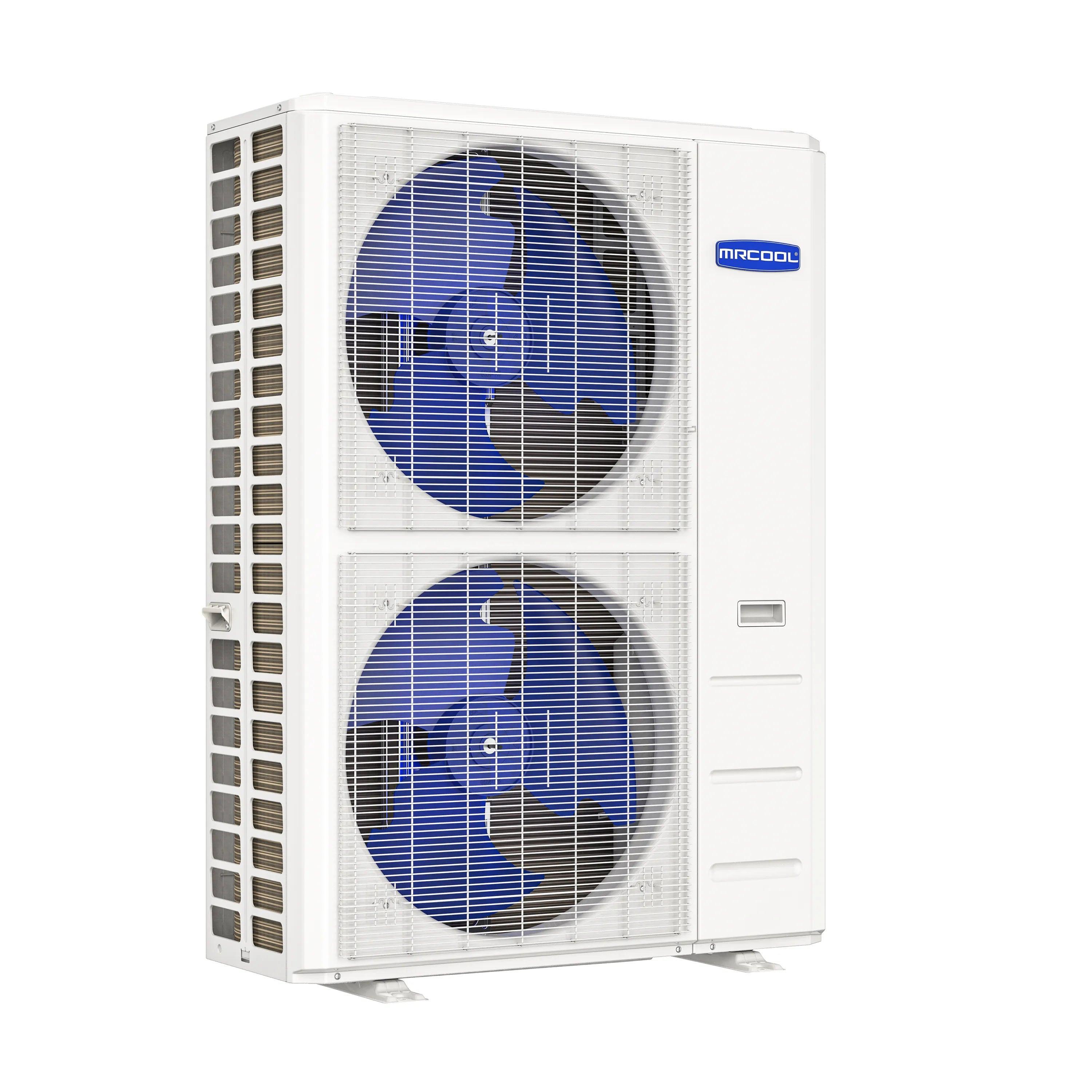 MRCOOL outdoor heat pump condenser, white unit with two fan grilles and MRCOOL badge
