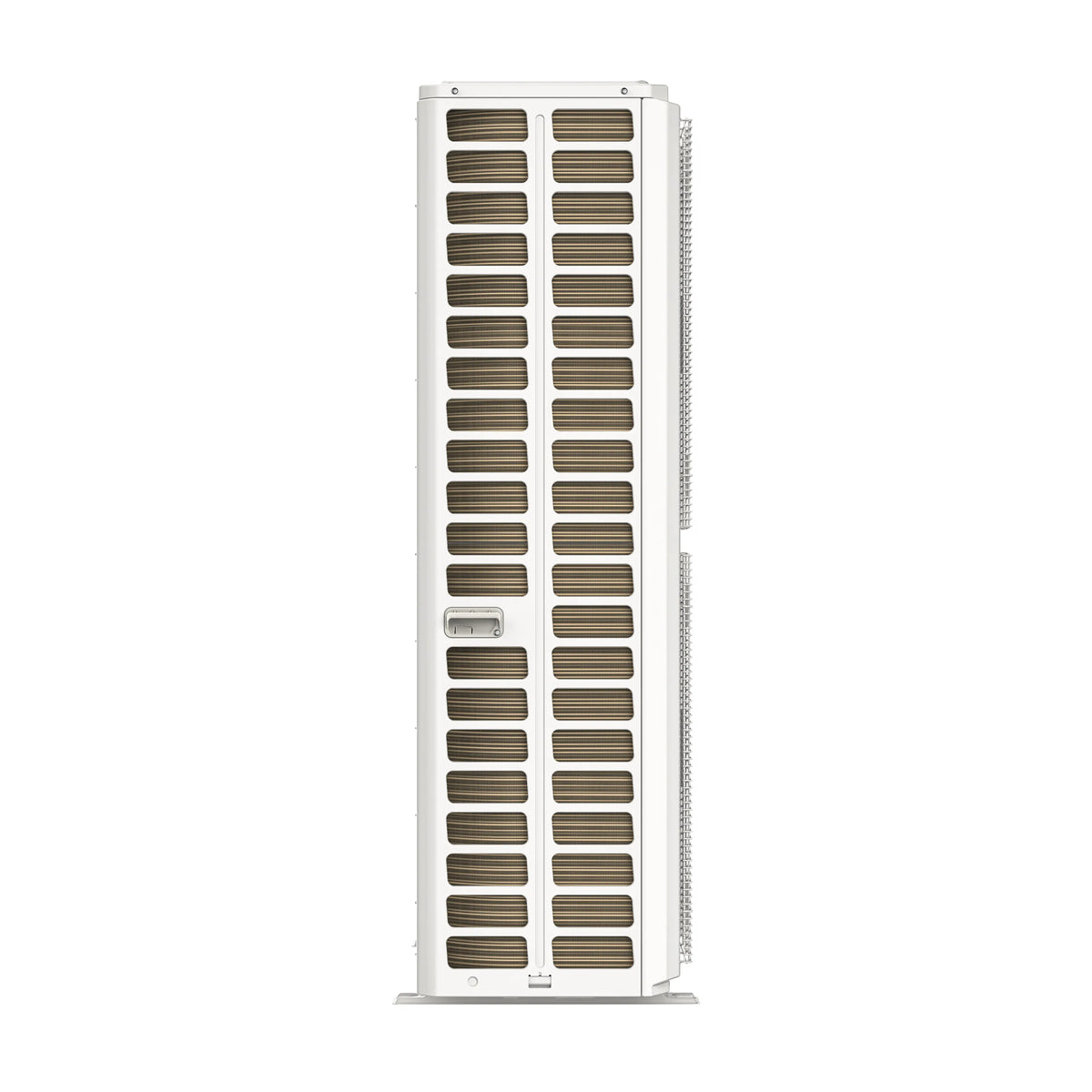White MRCOOL outdoor heat pump with vertical fin coil and top control cover