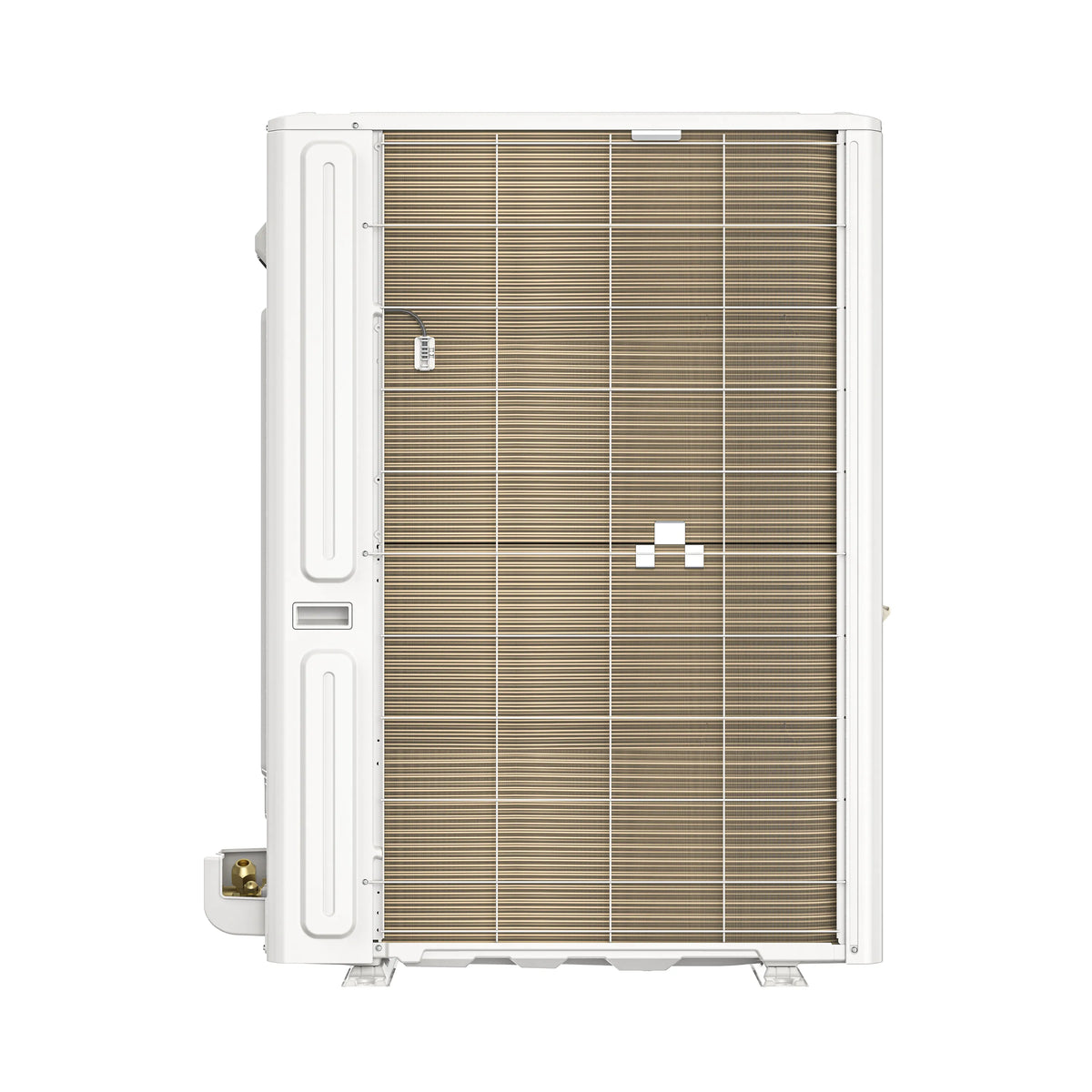 White MRCOOL Hyper Heat 2nd Gen heat pump outdoor condenser unit with front grille
