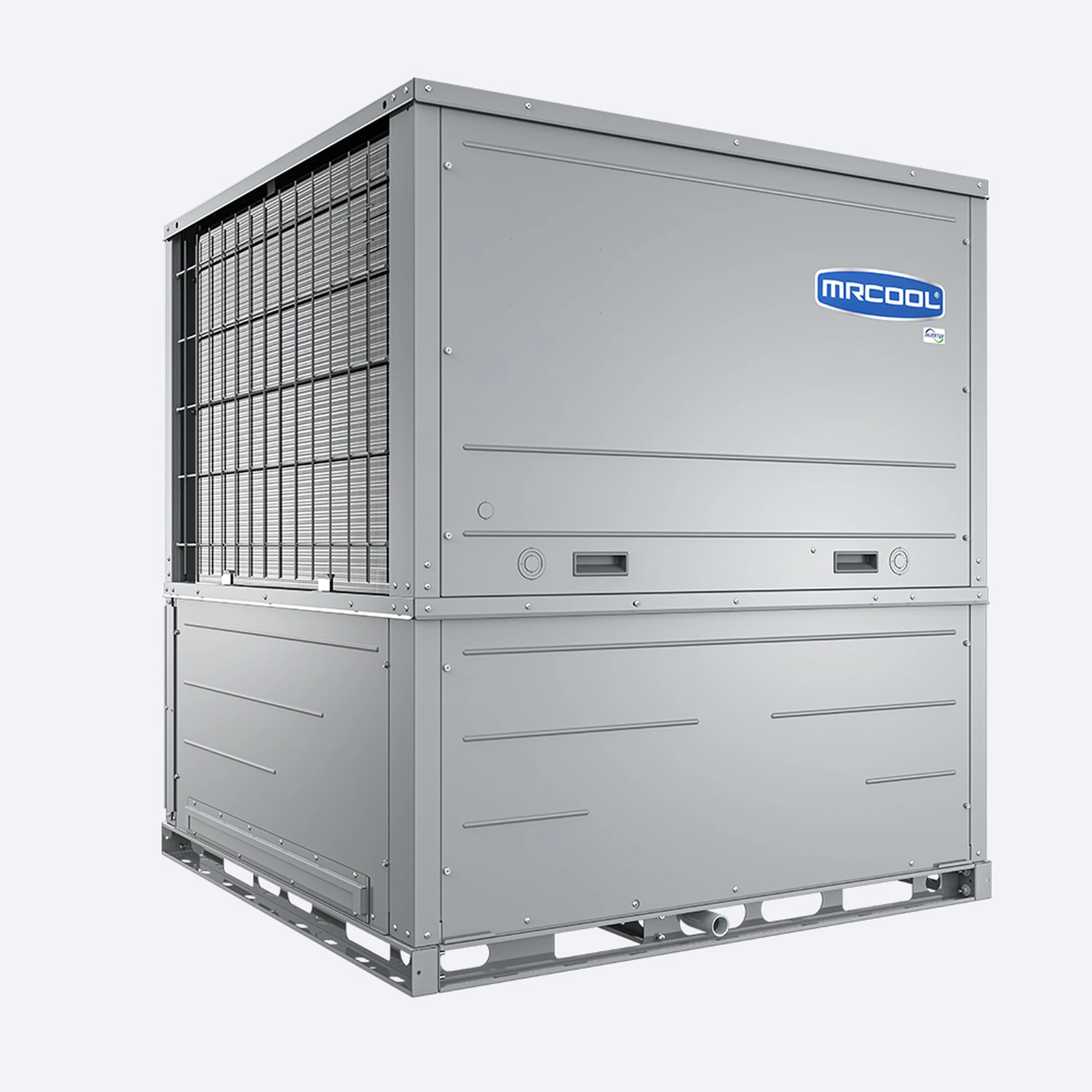 MRCOOL outdoor packaged heat pump condenser unit, front view with grille and vents