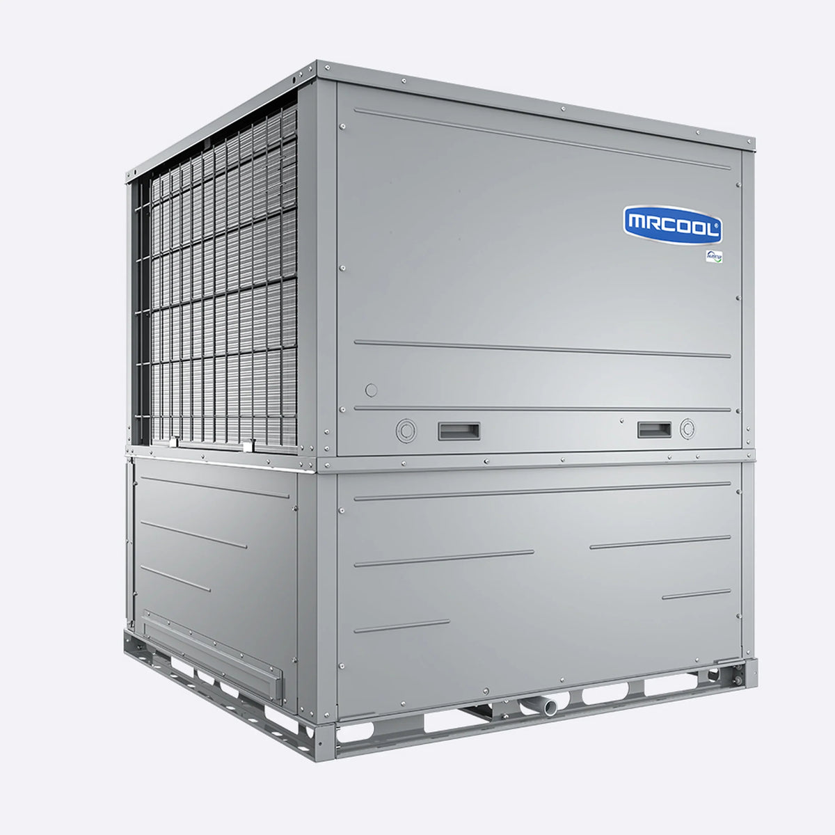 MRCOOL outdoor packaged heat pump condenser unit, front view with grille and vents